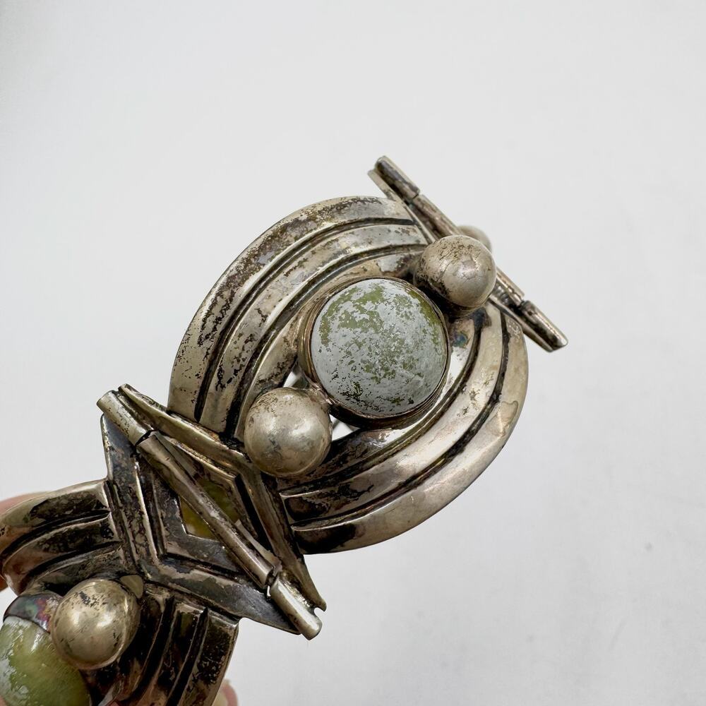 Vintage 40s Mexican Sterling Silver & Cabochon Bracelet - Picture 2 of 9